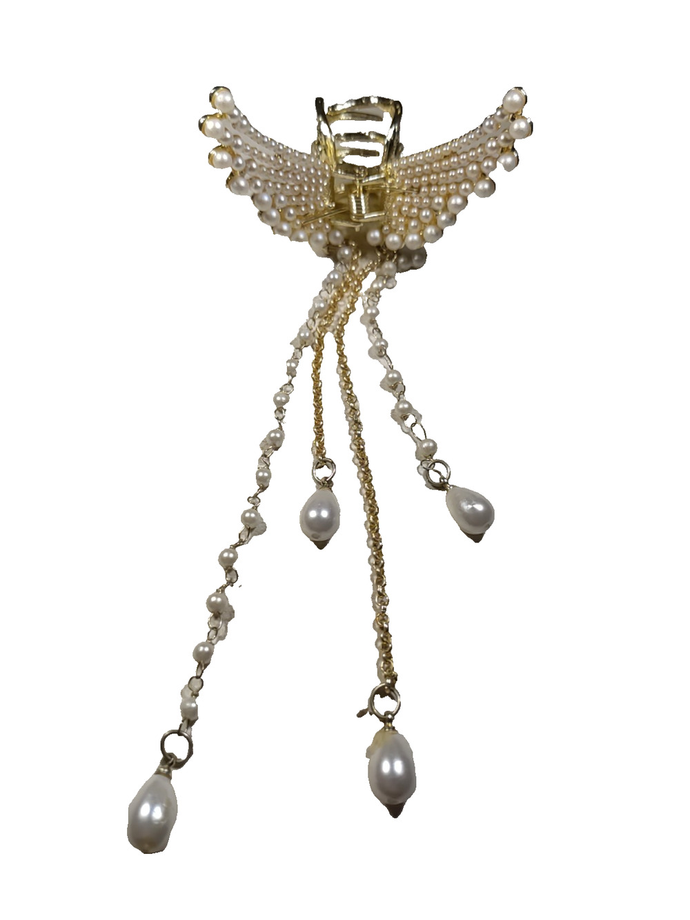 Hair Barrette Pony Tail Clip Faux Pearl. Butterfly Angel Wings Dangles